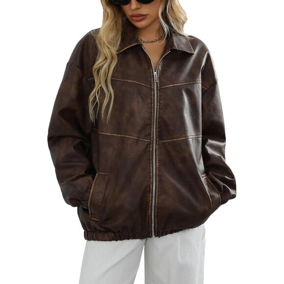 Jackets & Blazers - Women's Brown 2 Faux Leather Lapel Collar Zip Up Long Sleeve Short Coat Jacket
